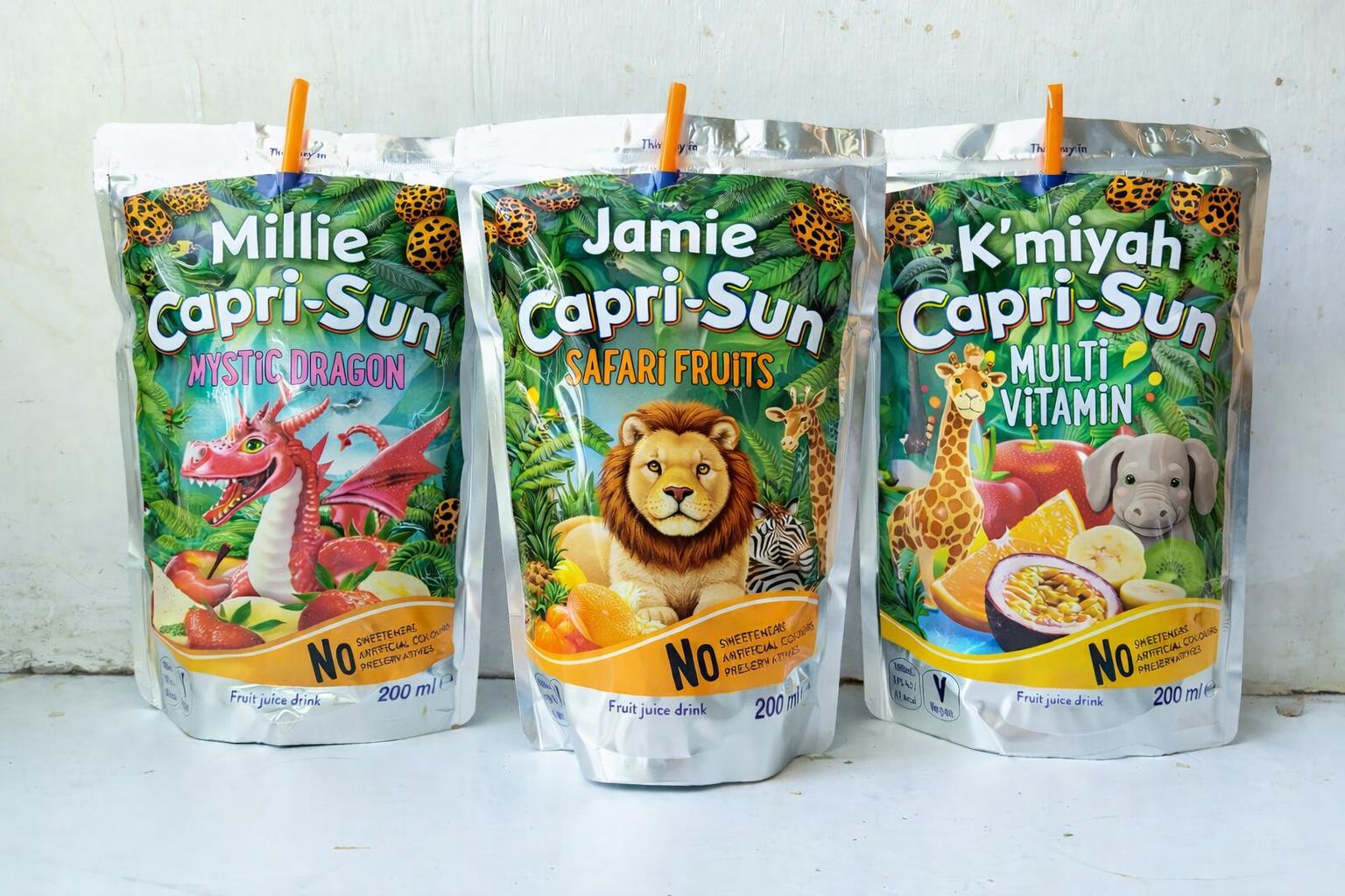 Personalised Capri-Sun party drinks with custom names